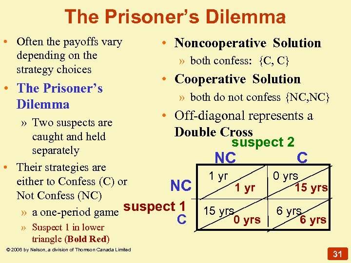 The Prisoner’s Dilemma • Often the payoffs vary depending on the strategy choices •