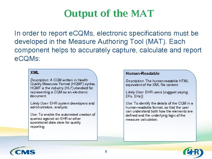 Output of the MAT In order to report e. CQMs, electronic specifications must be