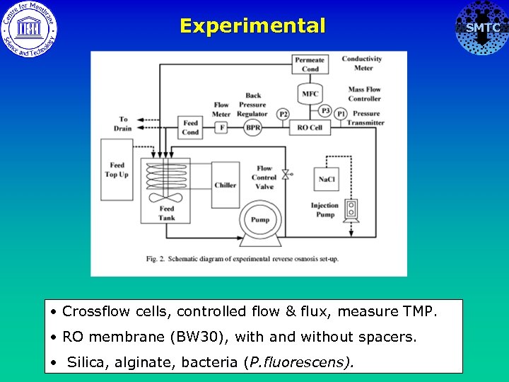 Experimental • Crossflow cells, controlled flow & flux, measure TMP. • RO membrane (BW