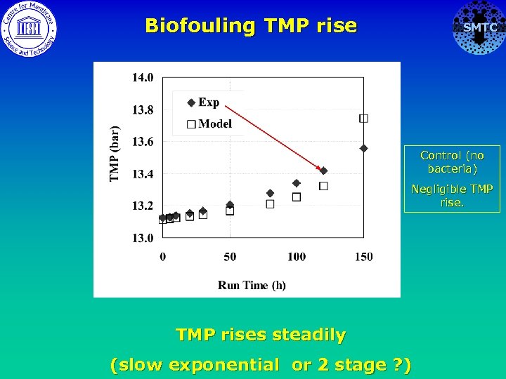 Biofouling TMP rise SMTC Control (no bacteria) Negligible TMP rises steadily (slow exponential or