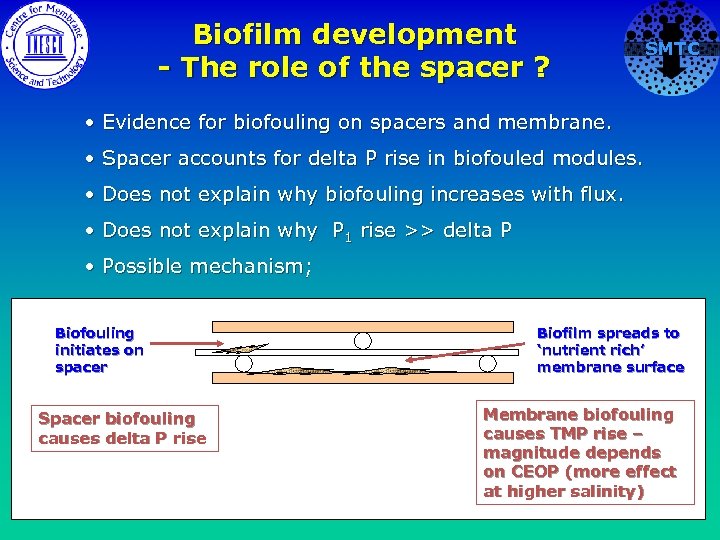 Biofilm development - The role of the spacer ? SMTC • Evidence for biofouling
