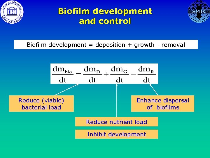Biofilm development and control Biofilm development = deposition + growth - removal Reduce (viable)