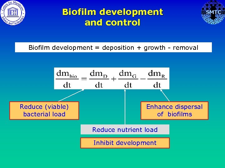 Biofilm development and control Biofilm development = deposition + growth - removal Reduce (viable)