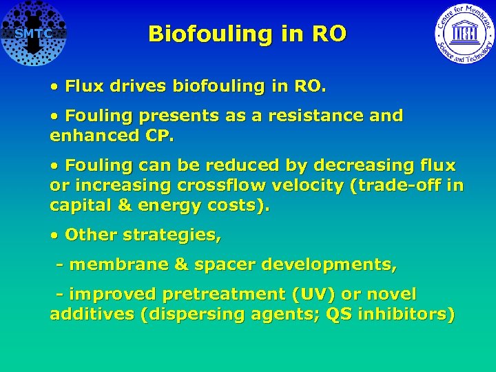 SMTC Biofouling in RO • Flux drives biofouling in RO. • Fouling presents as