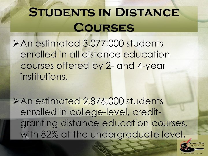 Students in Distance Courses Ø An estimated 3, 077, 000 students enrolled in all