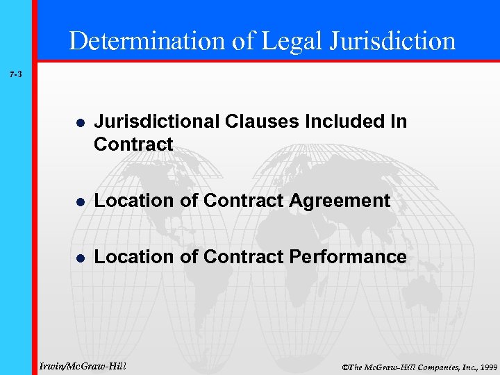 Determination of Legal Jurisdiction 7 -3 l Jurisdictional Clauses Included In Contract l Location