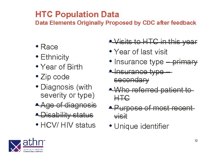 HTC Population Data Elements Originally Proposed by CDC after feedback • Race • Ethnicity