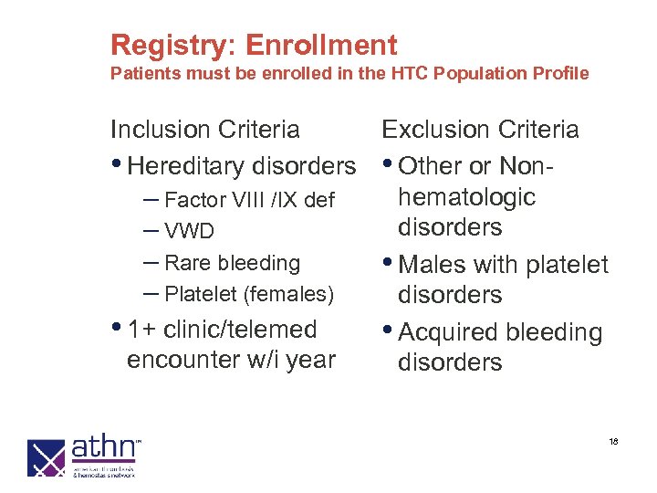 Registry: Enrollment Patients must be enrolled in the HTC Population Profile Inclusion Criteria Exclusion