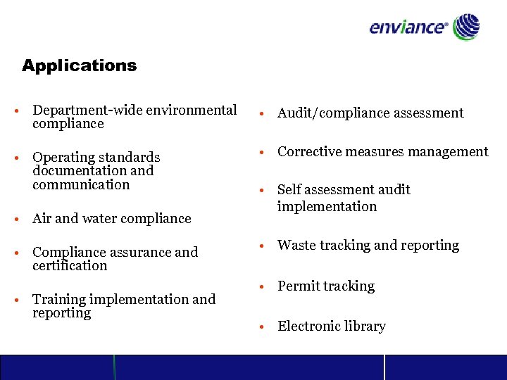 Applications • Department-wide environmental compliance • Audit/compliance assessment • Operating standards documentation and communication