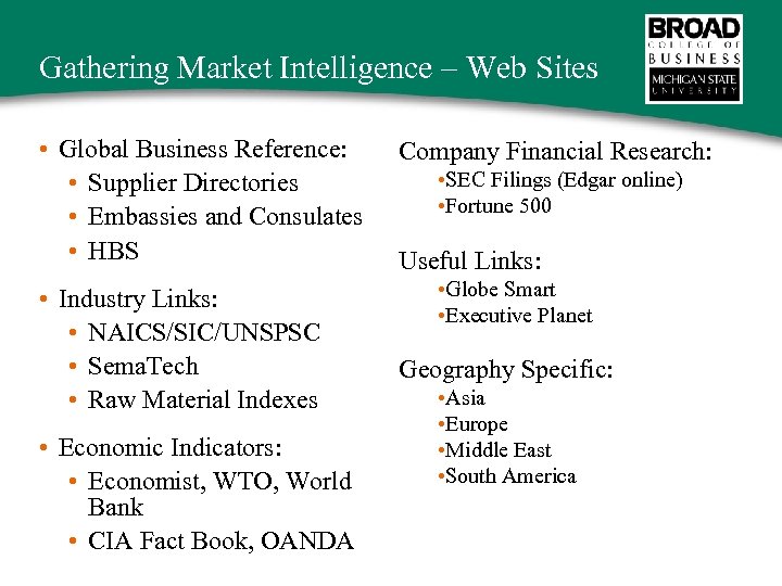 Gathering Market Intelligence – Web Sites • Global Business Reference: • Supplier Directories •