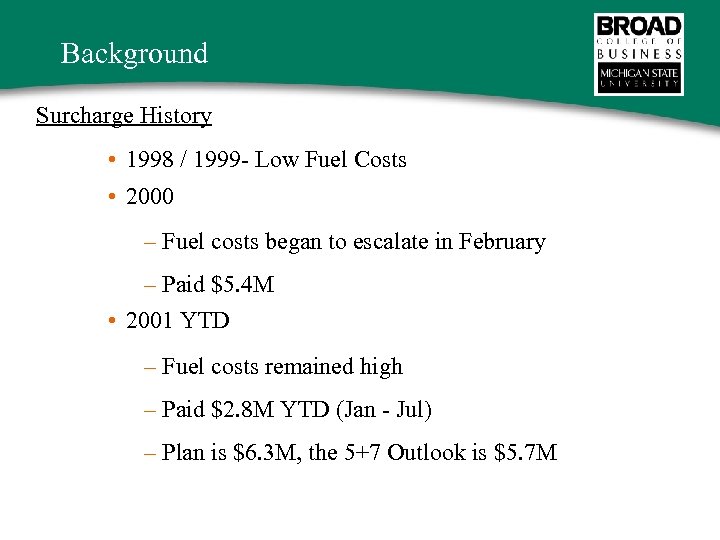 Background Surcharge History • 1998 / 1999 - Low Fuel Costs • 2000 –