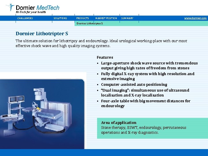 Hi-Tech for your health CHALLENGES SOLUTIONS PRODUCTS MARKET POSITION SUMMARY www. dornier. com Dornier