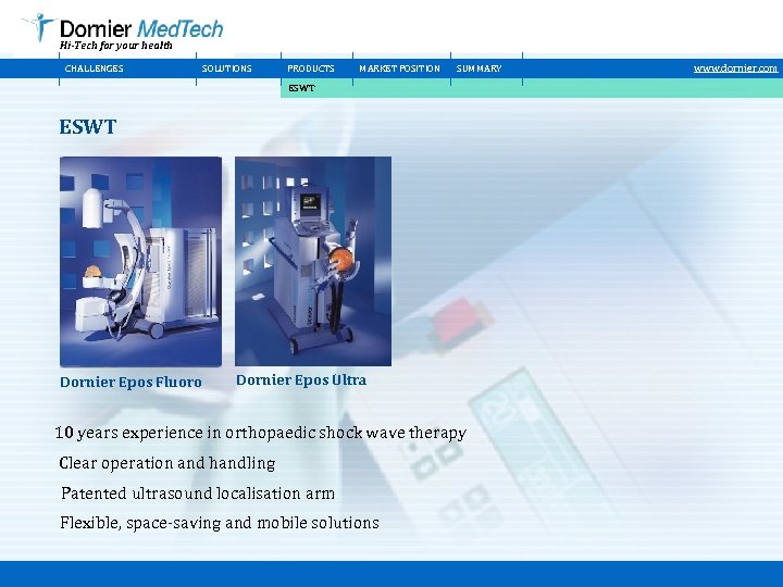 Hi-Tech for your health CHALLENGES SOLUTIONS PRODUCTS MARKET POSITION SUMMARY ESWT Dornier Epos Fluoro