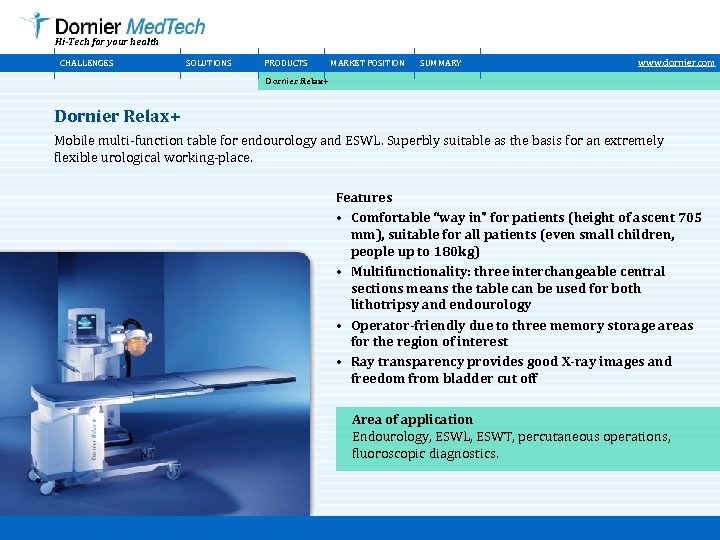 Hi-Tech for your health CHALLENGES SOLUTIONS PRODUCTS MARKET POSITION SUMMARY www. dornier. com Dornier