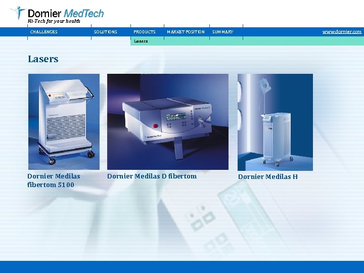 Hi-Tech for your health CHALLENGES SOLUTIONS PRODUCTS MARKET POSITION www. dornier. com SUMMARY Lasers