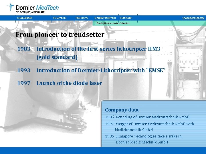 Hi-Tech for your health CHALLENGES SOLUTIONS PRODUCTS MARKET POSITION SUMMARY www. dornier. com From