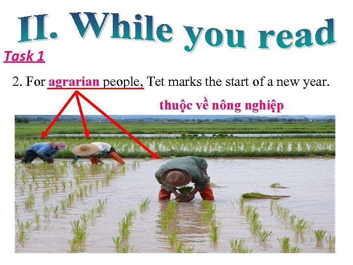 Task 1 2. For agrarian people, Tet marks the start of a new year.