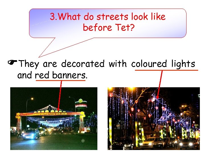 3. What do streets look like before Tet? They are decorated with coloured lights