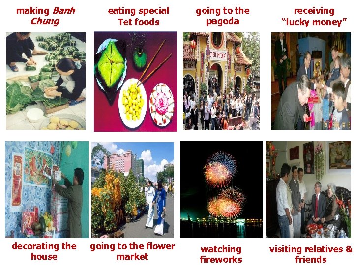 making Banh Chung decorating the house eating special Tet foods going to the flower