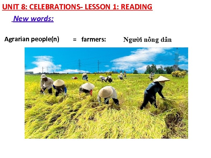 UNIT 8: CELEBRATIONS- LESSON 1: READING New words: Agrarian people(n) = farmers: Người nông