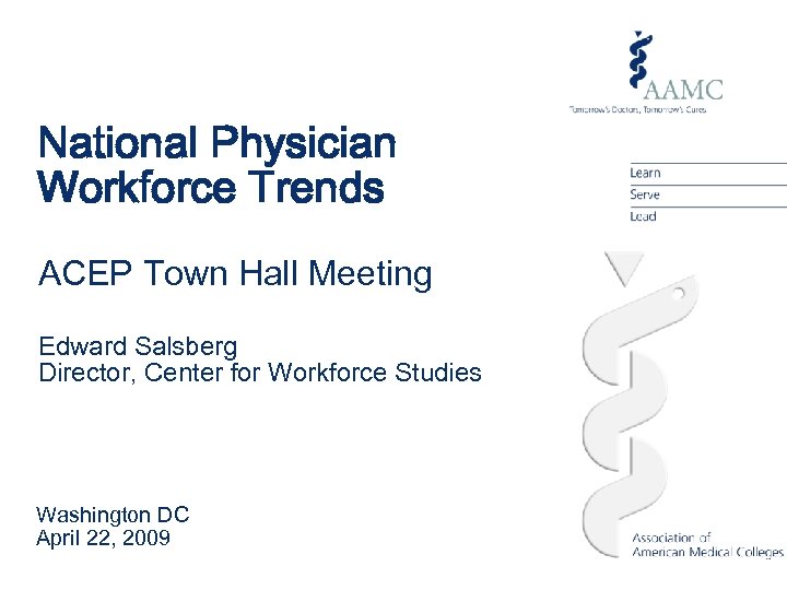 National Physician Workforce Trends ACEP Town Hall Meeting Edward Salsberg Director, Center for Workforce