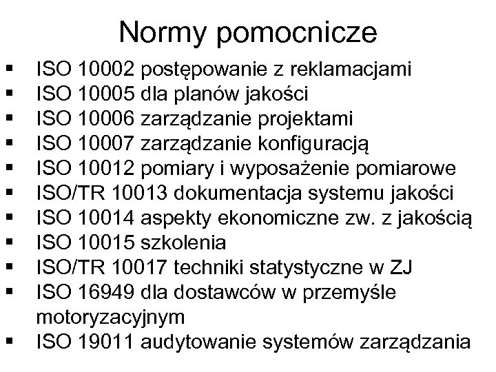 Normy pomocnicze § § § ISO 10002 postępowanie z reklamacjami ISO 10005 dla planów