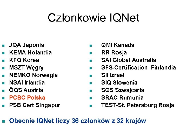 Członkowie IQNet n JQA Japonia KEMA Holandia KFQ Korea MSZT Węgry NEMKO Norwegia NSAI