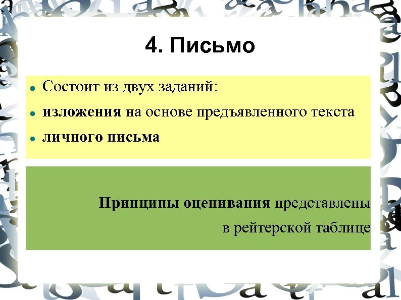 4. Письмо Состоит из двух заданий: изложения на основе предъявленного текста личного письма Принципы