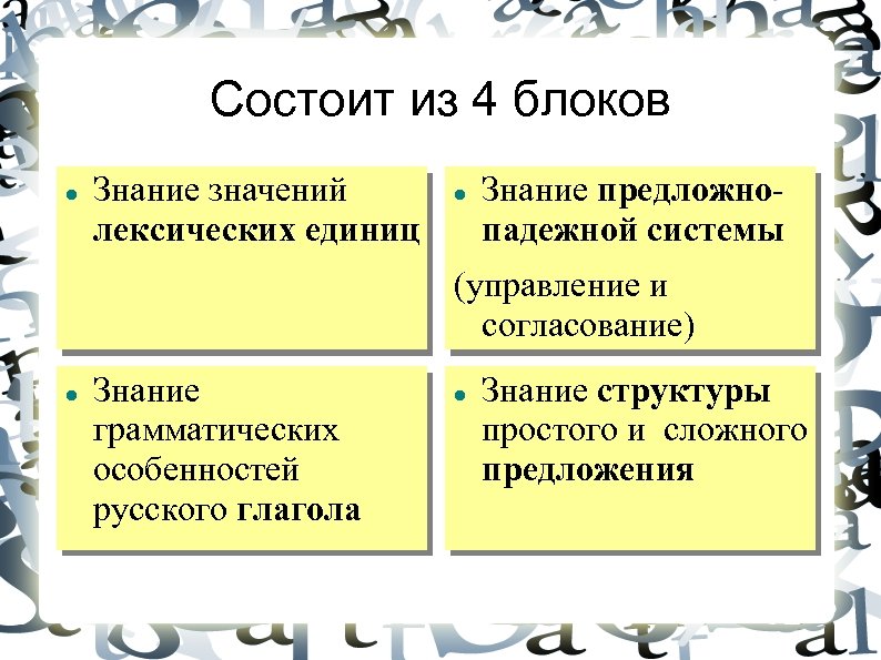 Состоит из 4 блоков Знание значений лексических единиц Знание предложнопадежной системы (управление и согласование)
