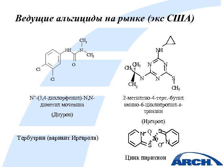Ведущие альгициды на рынке (экс США) CH 3 NH N O Cl NH CH