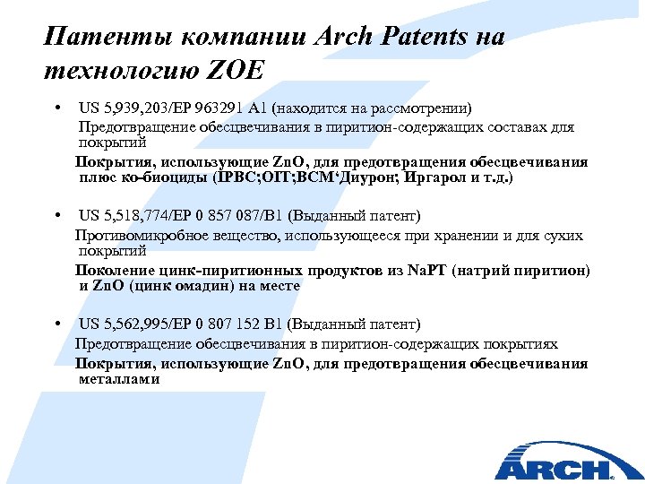 Патенты компании Arch Patents на технологию ZOE • US 5, 939, 203/EP 963291 A
