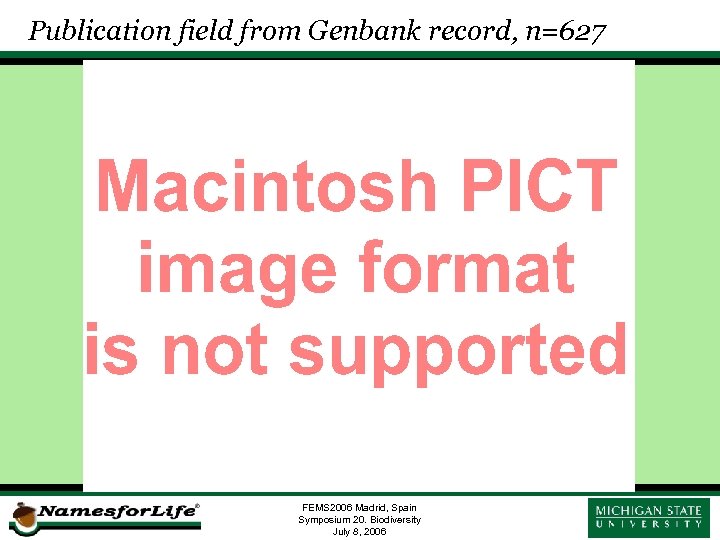 Publication field from Genbank record, n=627 FEMS 2006 Madrid, Spain Symposium 20. Biodiversity July