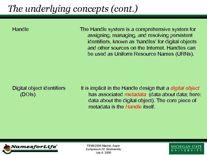 The underlying concepts (cont. ) Handle The Handle system is a comprehensive system for