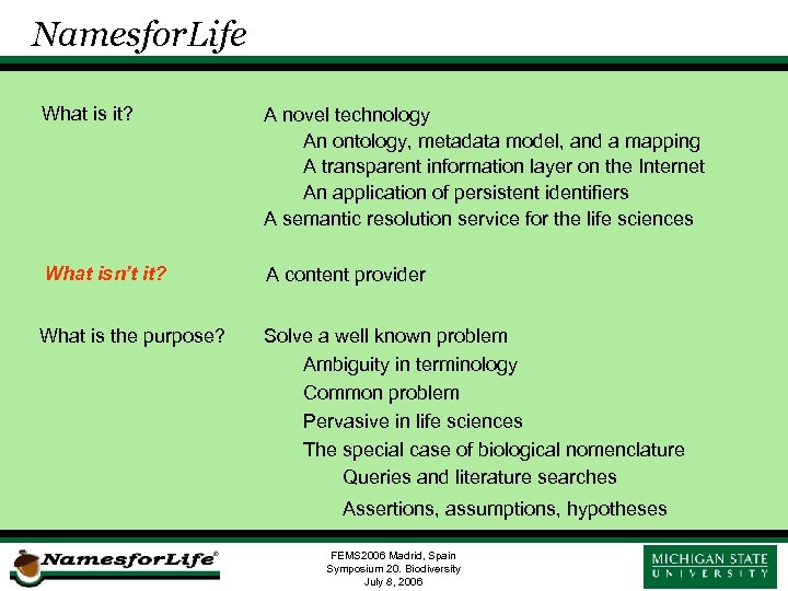 Namesfor. Life What is it? A novel technology An ontology, metadata model, and a