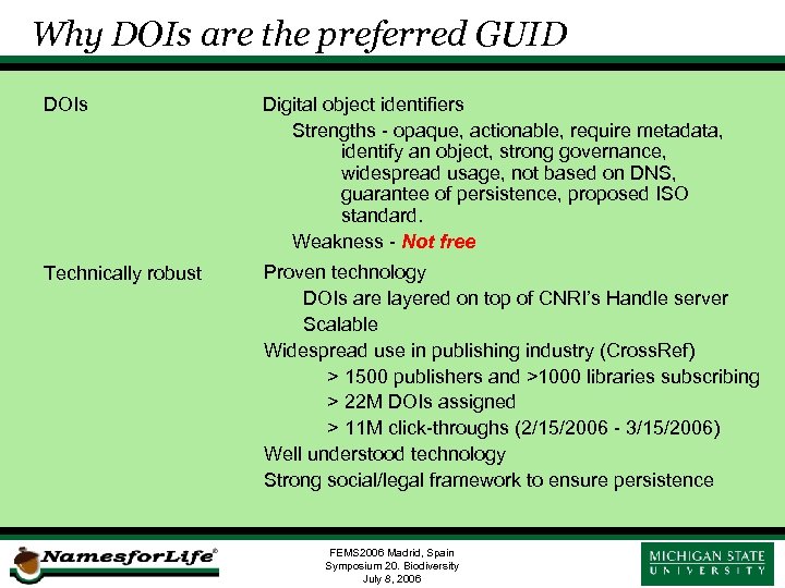 Why DOIs are the preferred GUID DOIs Digital object identifiers Strengths - opaque, actionable,