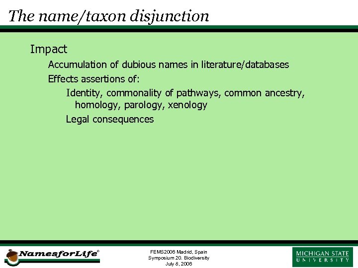 The name/taxon disjunction Impact Accumulation of dubious names in literature/databases Effects assertions of: Identity,