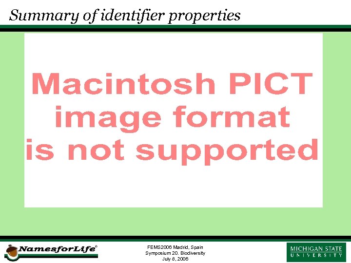 Summary of identifier properties FEMS 2006 Madrid, Spain Symposium 20. Biodiversity July 8, 2006