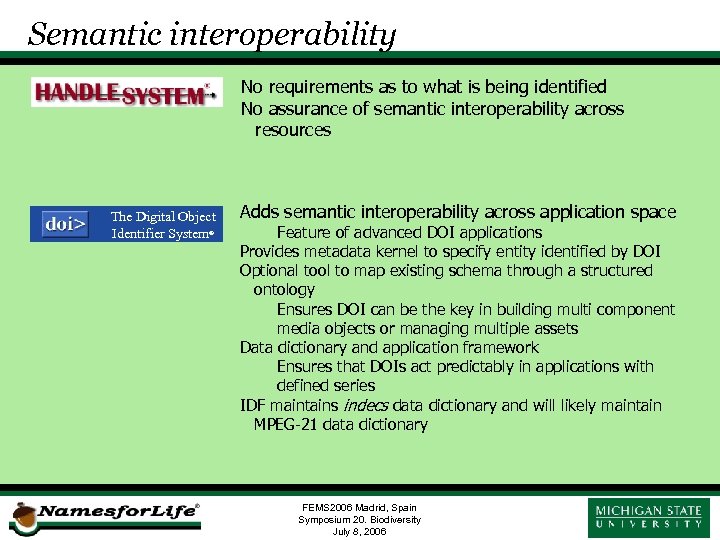 Semantic interoperability No requirements as to what is being identified No assurance of semantic