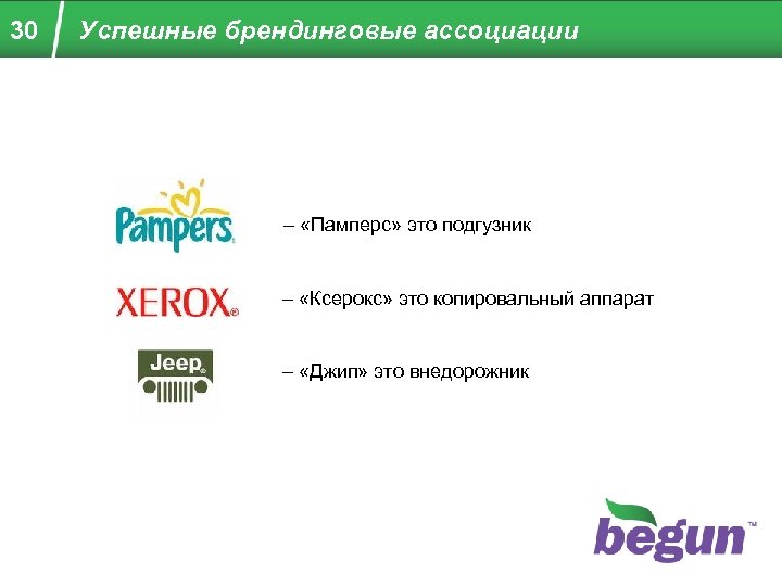 30 Успешные брендинговые ассоциации – «Памперс» это подгузник – «Ксерокс» это копировальный аппарат –