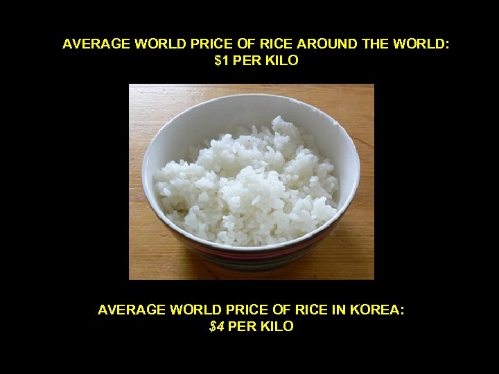 AVERAGE WORLD PRICE OF RICE AROUND THE WORLD: $1 PER KILO AVERAGE WORLD PRICE