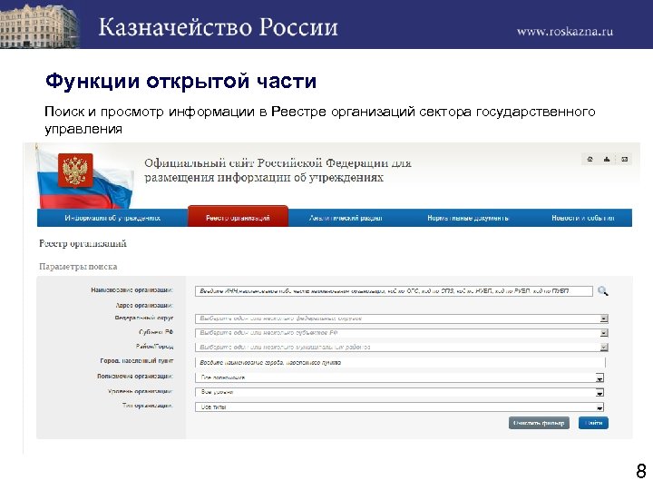 Функции открытой части Поиск и просмотр информации в Реестре организаций сектора государственного управления 8