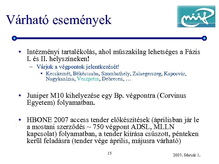 Várható események • Intézményi tartalékolás, ahol műszakilag lehetséges a Fázis I. és II. helyszíneken!