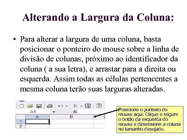 Alterando a Largura da Coluna: • Para alterar a largura de uma coluna, basta