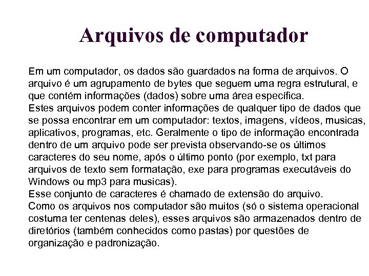 Arquivos de computador Em um computador, os dados são guardados na forma de arquivos.