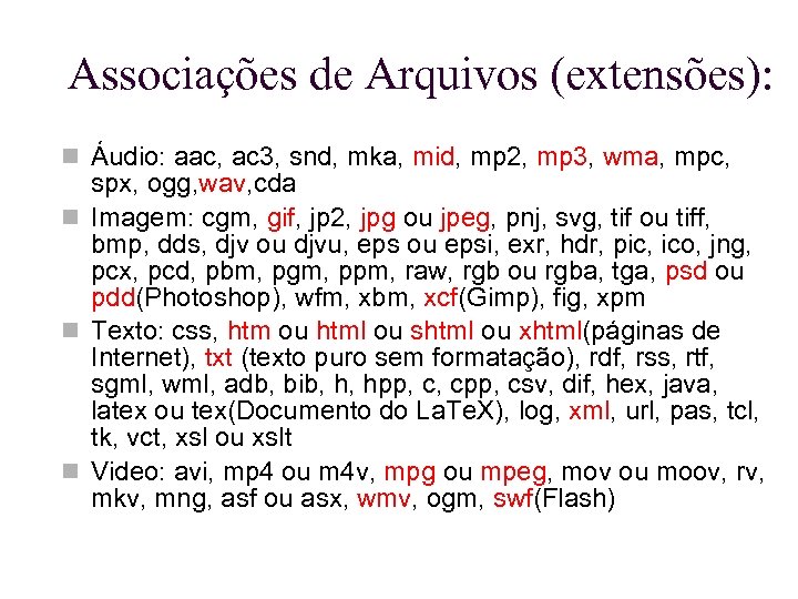 Associações de Arquivos (extensões): Áudio: aac, ac 3, snd, mka, mid, mp 2, mp