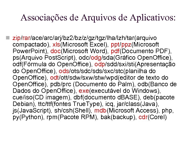 Associações de Arquivos de Aplicativos: zip/rar/ace/arc/arj/bz 2/bz/z/gz/tgz/lha/lzh/tar(arquivo compactado), xls(Microsoft Excel), ppt/ppz(Microsoft Power. Point), doc(Microsoft