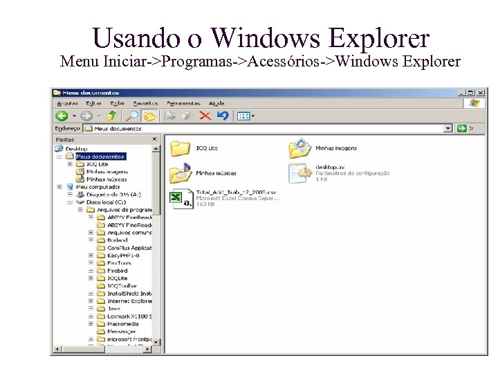 Usando o Windows Explorer Menu Iniciar->Programas->Acessórios->Windows Explorer 