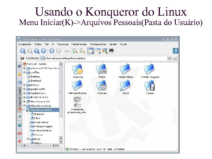 Usando o Konqueror do Linux Menu Iniciar(K)->Arquivos Pessoais(Pasta do Usuário) 