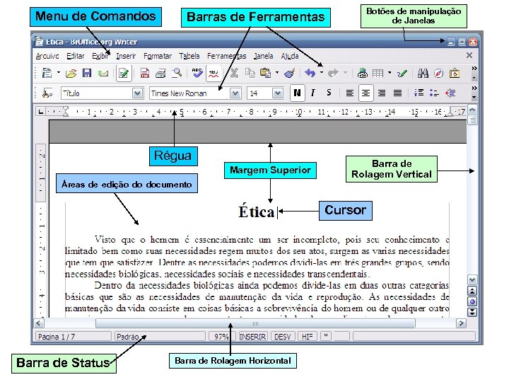 Menu de Comandos Barras de Ferramentas Régua Margem Superior Botões de manipulação de Janelas