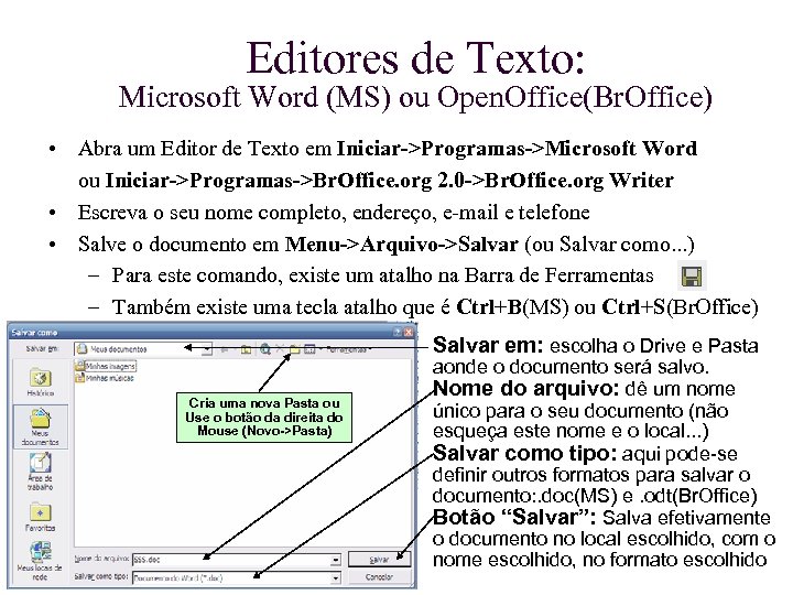 Editores de Texto: Microsoft Word (MS) ou Open. Office(Br. Office) • Abra um Editor